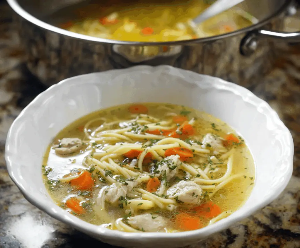 Creamy gluten-free chicken noodle soup with shredded chicken, gluten-free noodles, fresh vegetables, and herbs in a bowl.