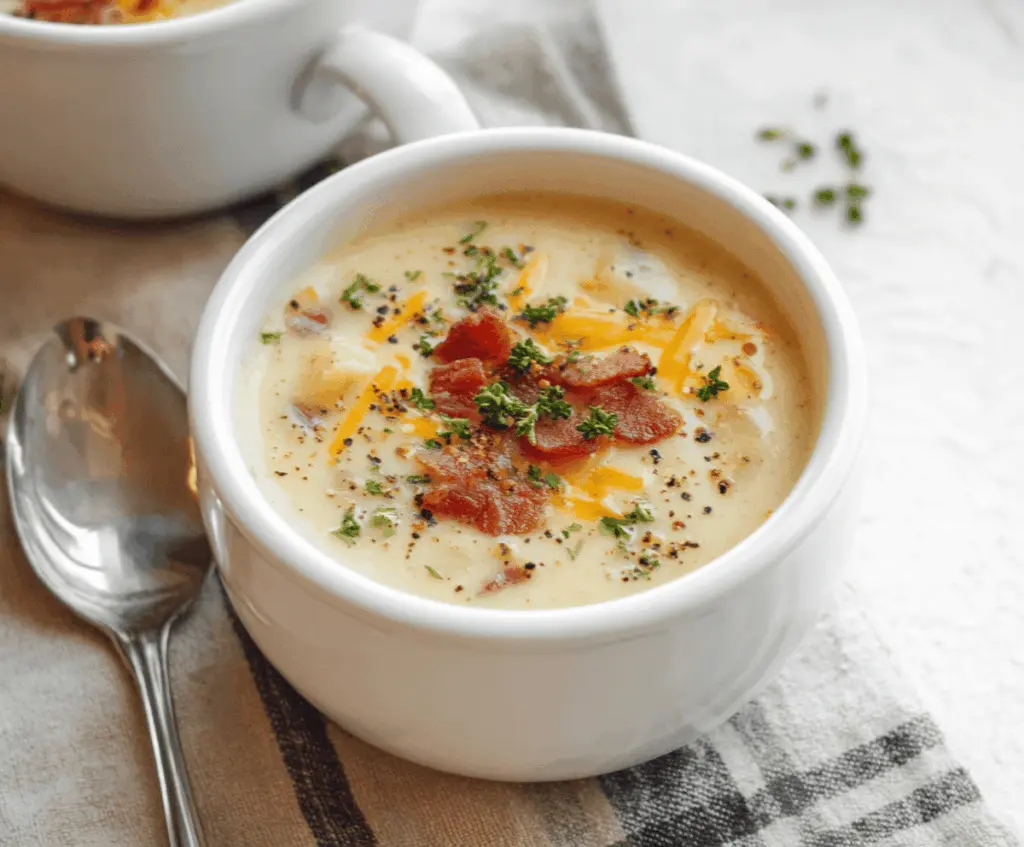 Creamy gluten-free potato soup served in a bowl with fresh herbs and toppings