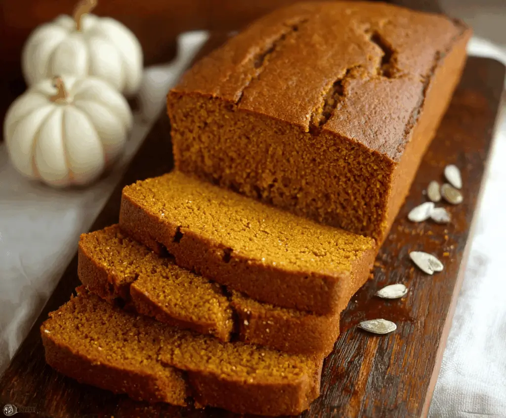 Delicious homemade gluten-free pumpkin bread sliced and ready to enjoy, featuring a moist texture and warm autumn spices