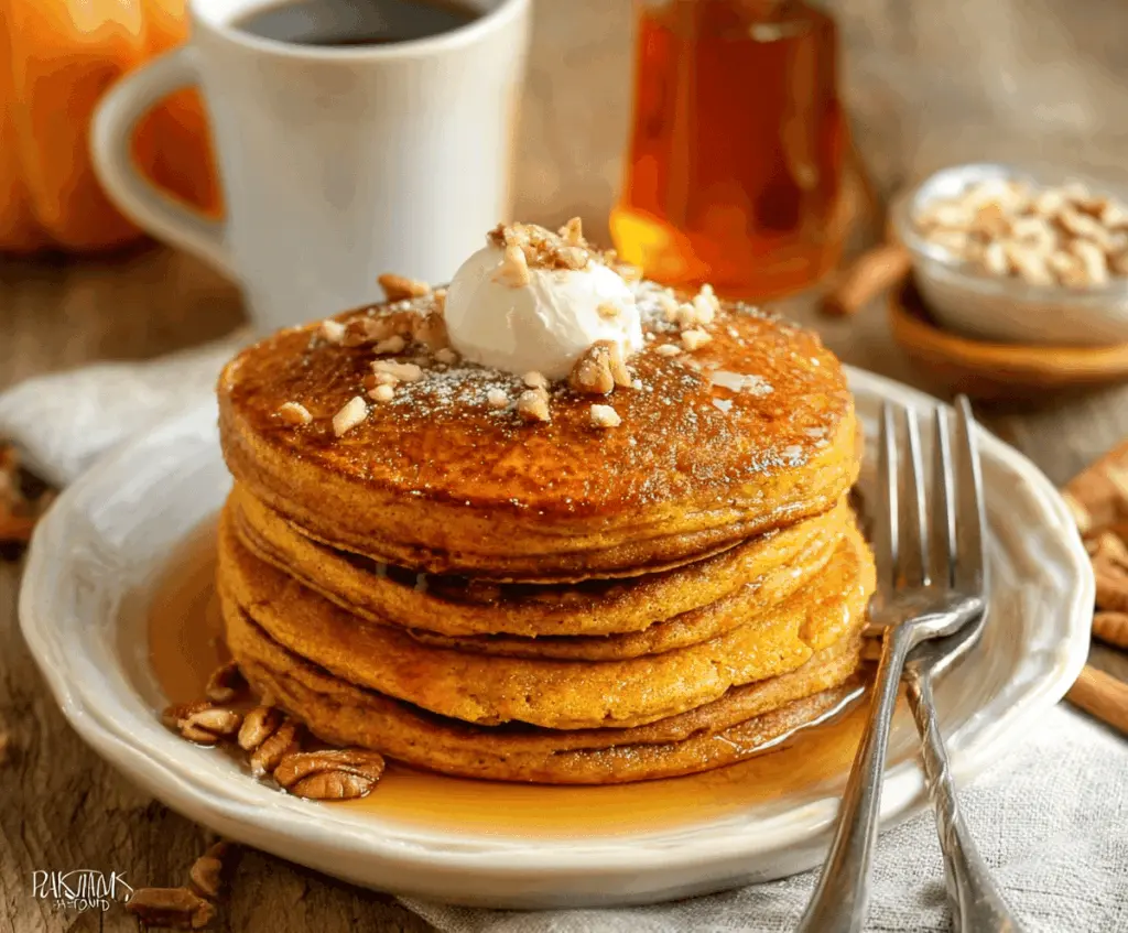 Golden gluten-free pumpkin pancakes topped with fresh maple syrup and a sprinkle of cinnamon on a white plate