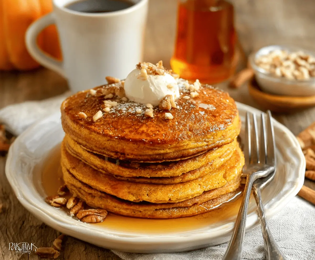 Golden gluten-free pumpkin pancakes topped with fresh maple syrup and a sprinkle of cinnamon on a white plate