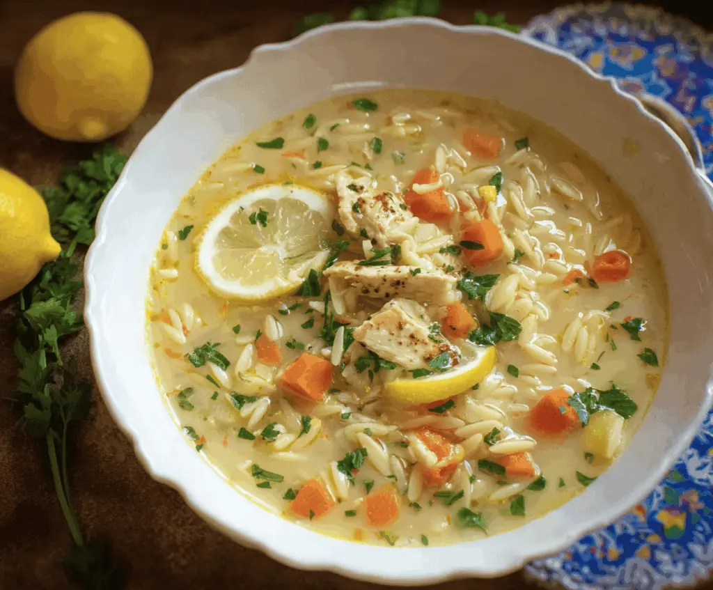 A steaming bowl of Greek Lemon Orzo Chicken Soup garnished with fresh herbs, featuring tender chicken, orzo pasta, and vibrant lemon flavor on a rustic wooden table.