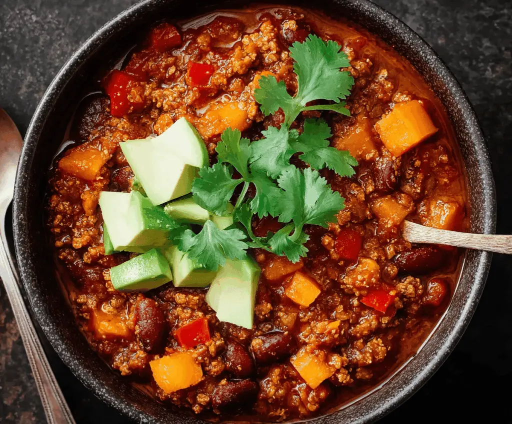 Delicious and healthy chili in a bowl with beans, vegetables, and spices, perfect for a nutritious meal