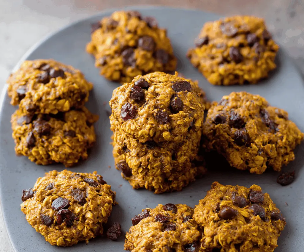 Delicious and healthy pumpkin oatmeal cookies topped with chocolate chips on a rustic wooden surface