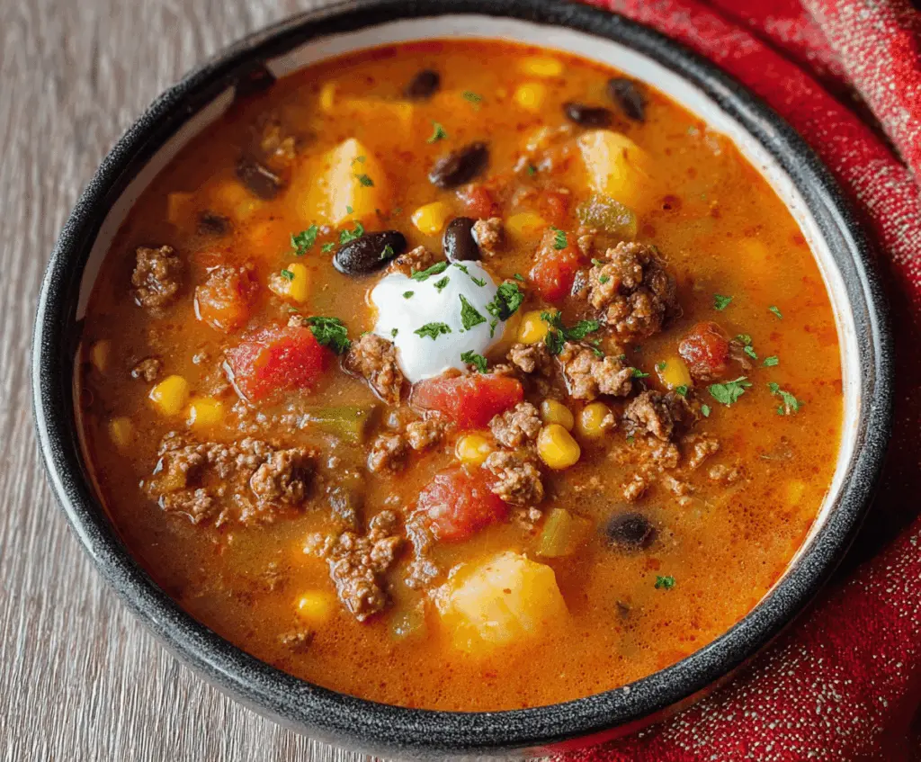 A flavorful bowl of high-protein taco soup topped with shredded cheese, fresh cilantro, and lime wedges, featuring ground beef, beans, corn, and spices.