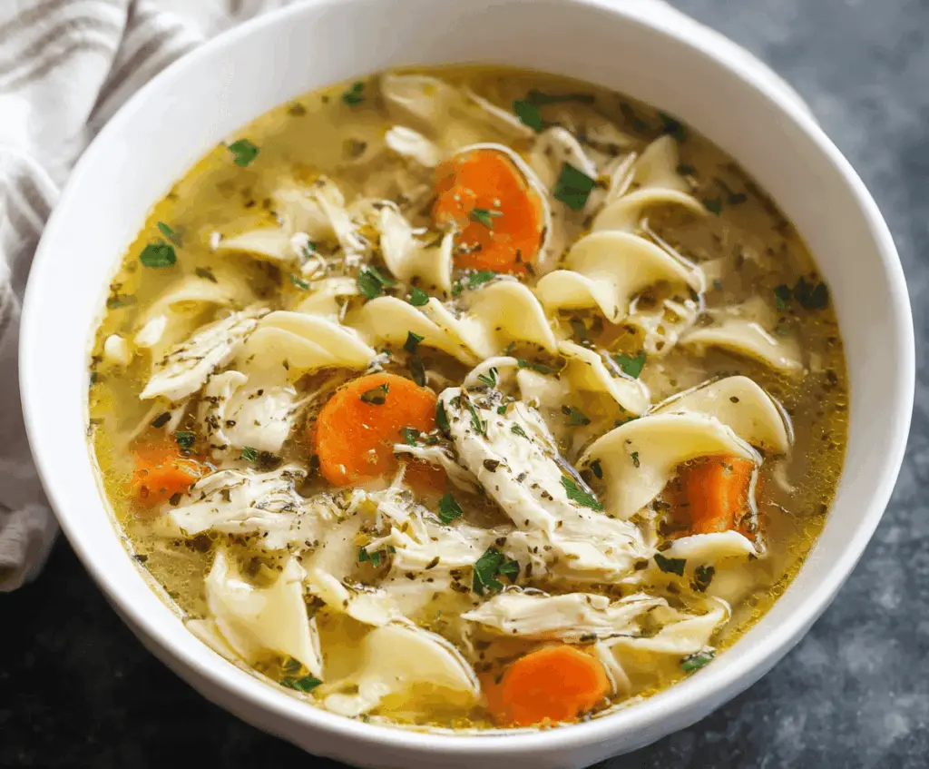Creamy and comforting Instant Pot Chicken Noodle Soup with tender chicken, fresh vegetables, and flavorful broth in a white bowl