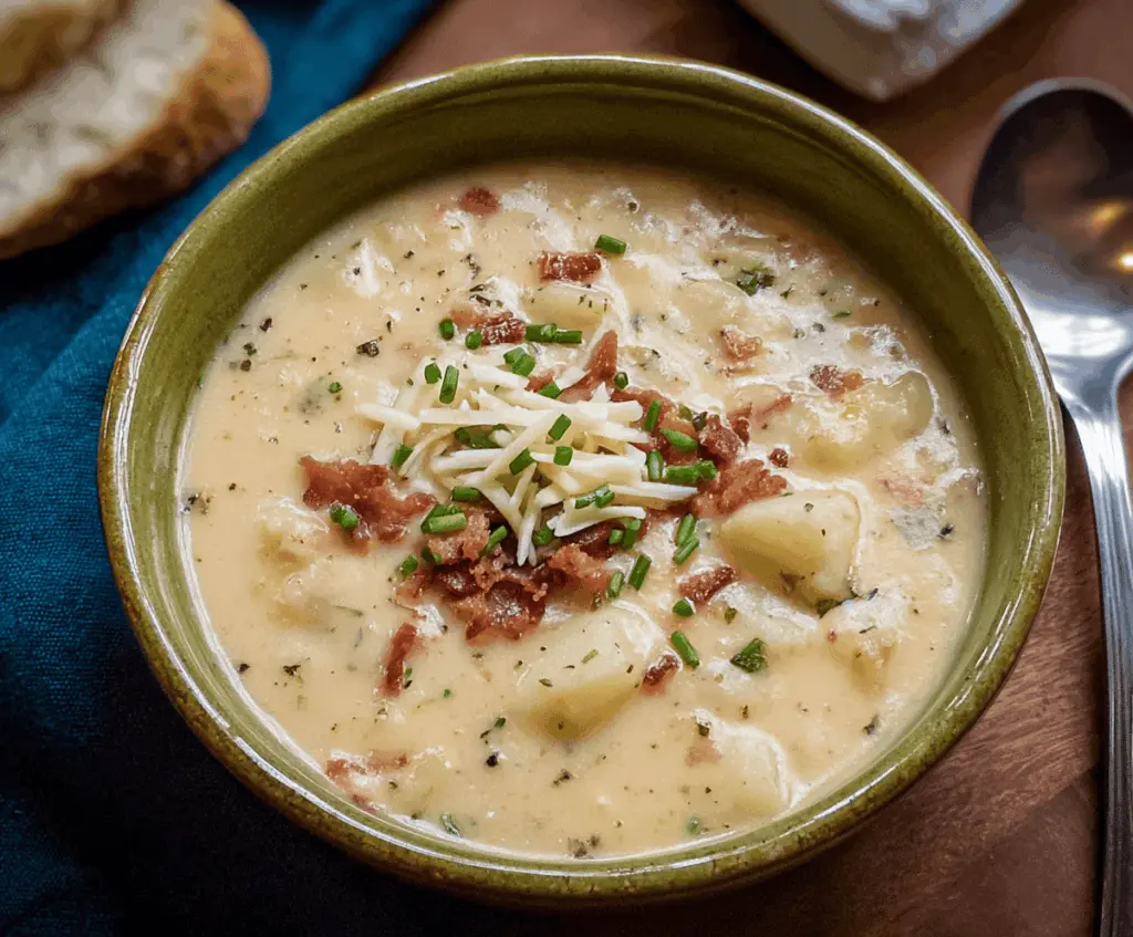 Creamy Irish Potato Soup garnished with chopped chives in a rustic bowl, showcasing a comforting and hearty Irish-inspired dish.