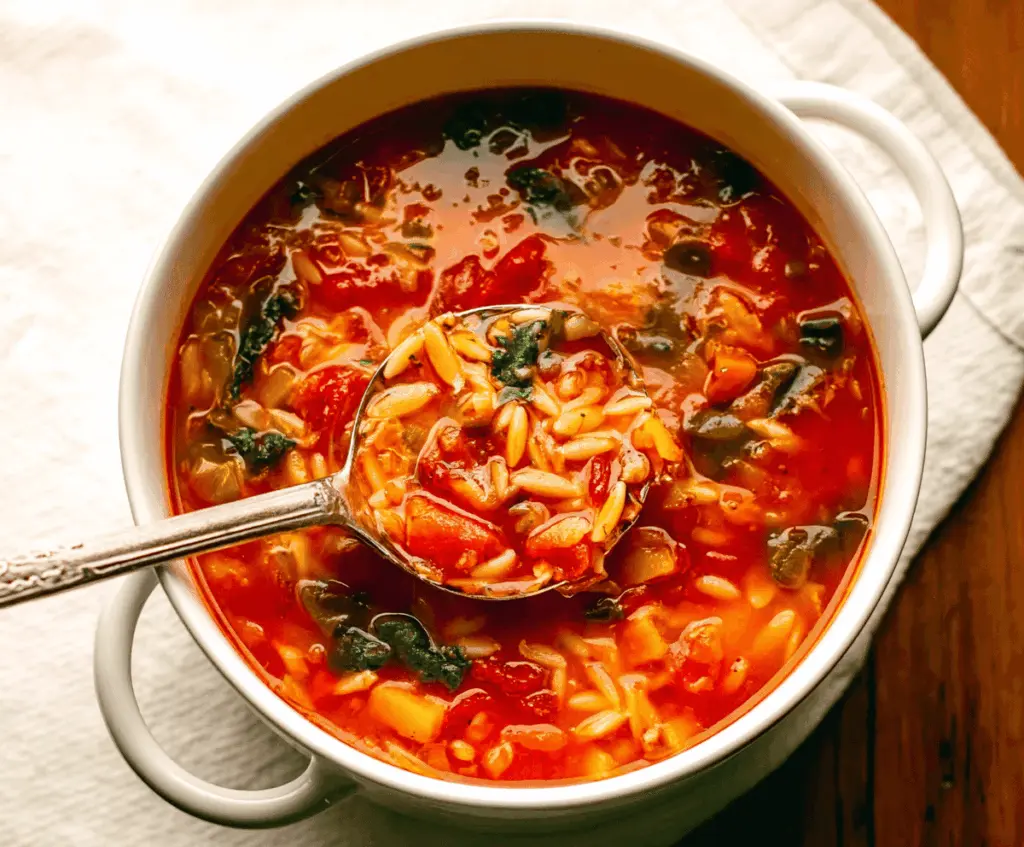 A steaming bowl of Italian Orzo Soup garnished with fresh herbs, featuring tender orzo pasta, vegetables, and flavorful broth, perfect for a comforting meal.