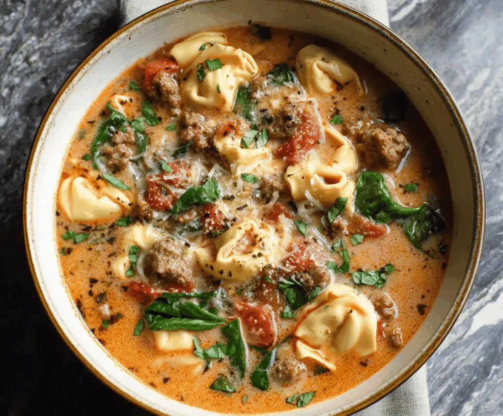 Creamy Italian Sausage Tortellini Soup with vegetables and herbs in a bowl, ready to serve