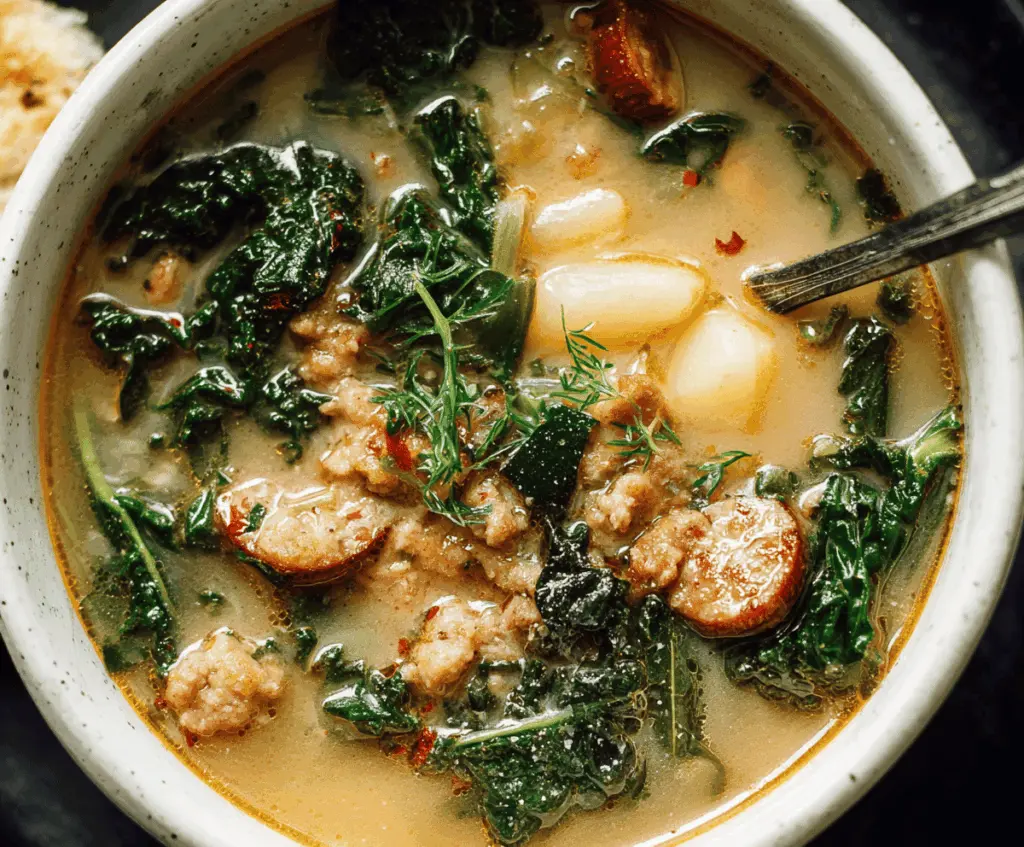 A bowl of hearty kale and sausage soup garnished with fresh herbs, showcasing vibrant green kale, sliced sausage, and a flavorful broth.