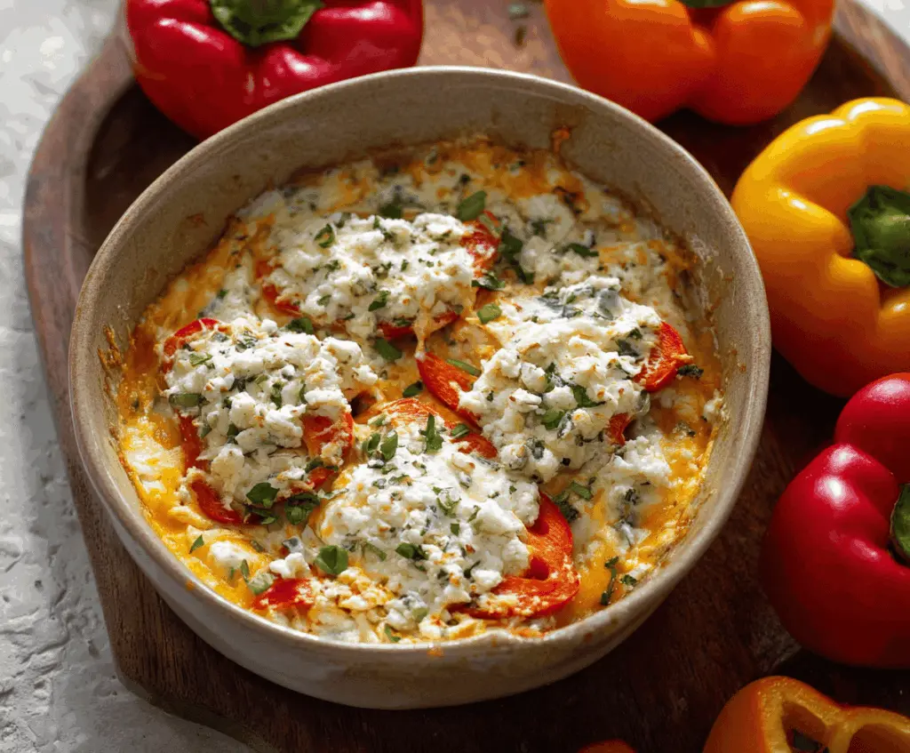 Creamy loaded bell pepper dip topped with shredded cheese, chopped green onions, and crunchy chips, served in a bowl for a flavorful appetizer.