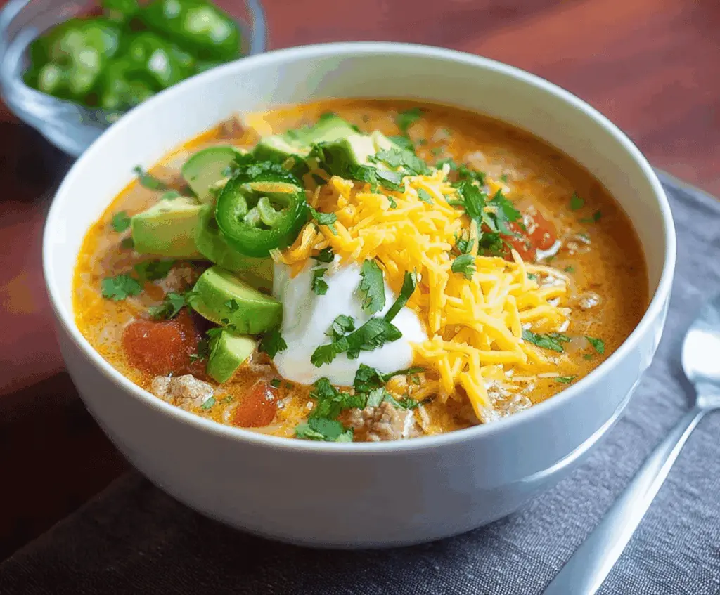 Hearty low-carb taco soup in a bowl topped with shredded cheese, fresh cilantro, and diced avocado, perfect for a healthy, flavorful meal.