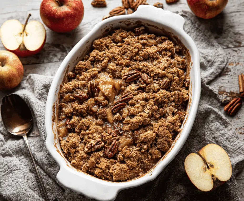 Delicious Maple Pecan Apple Crisp topped with toasted pecans and a golden crust, served in a baking dish with fresh apple slices and a drizzle of maple syrup.