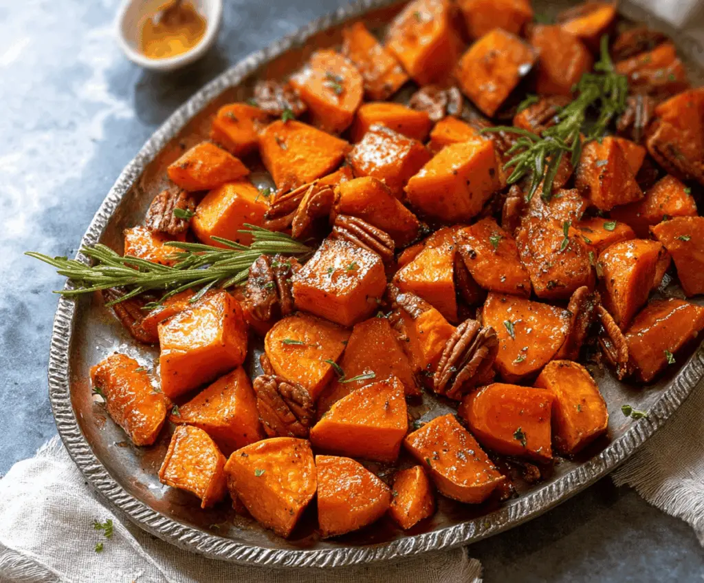Golden roasted sweet potatoes glazed with maple syrup, garnished with fresh herbs, perfect for a delicious and healthy side dish.