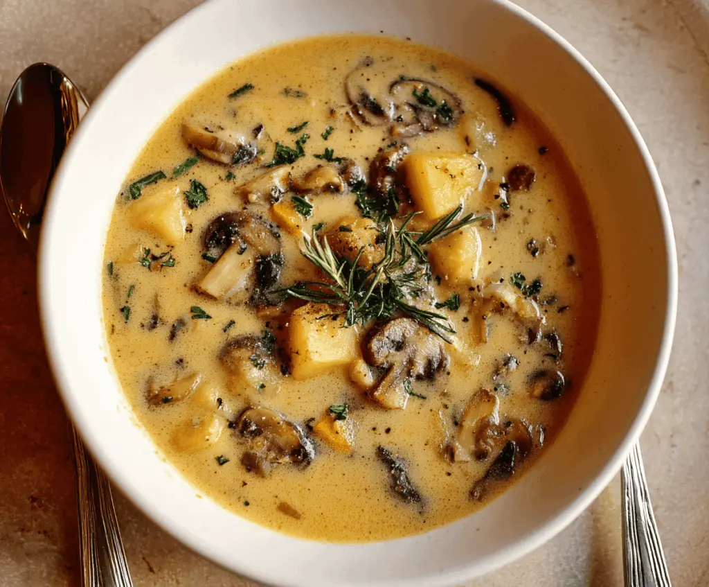 Creamy mushroom and potato soup garnished with fresh herbs in a bowl, perfect for a comforting meal