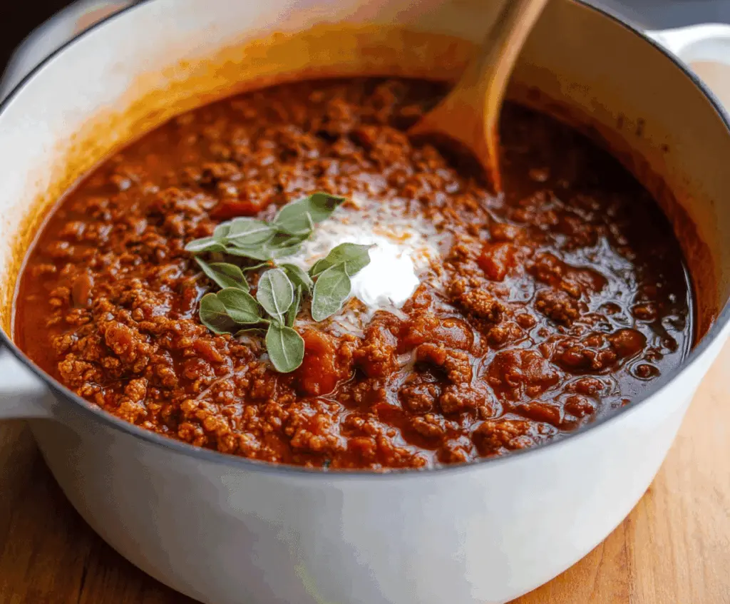 Hearty no-bean chili in a bowl topped with shredded cheese and fresh herbs, served alongside crusty bread