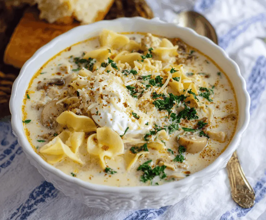 Delicious one-pot creamy Alfredo lasagna soup served in a bowl with melted cheese and fresh herbs, perfect for a comforting meal