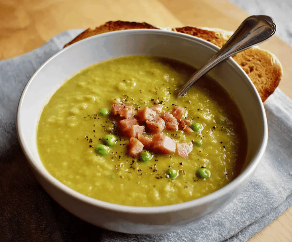 Creamy pea and ham soup served in a bowl with fresh herbs, highlighting a delicious and hearty homemade meal.