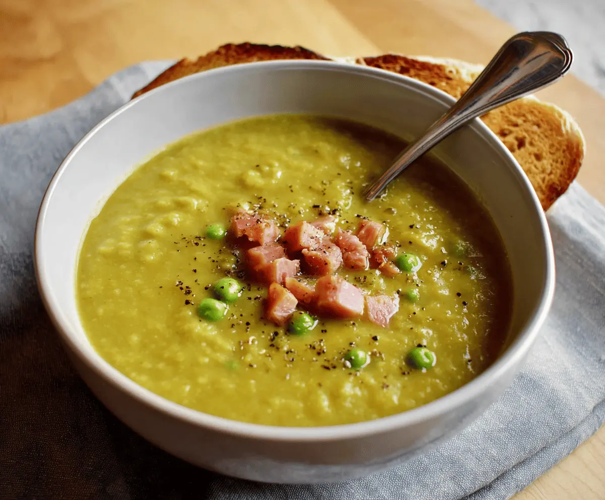 Creamy pea and ham soup served in a bowl with fresh herbs, highlighting a delicious and hearty homemade meal.