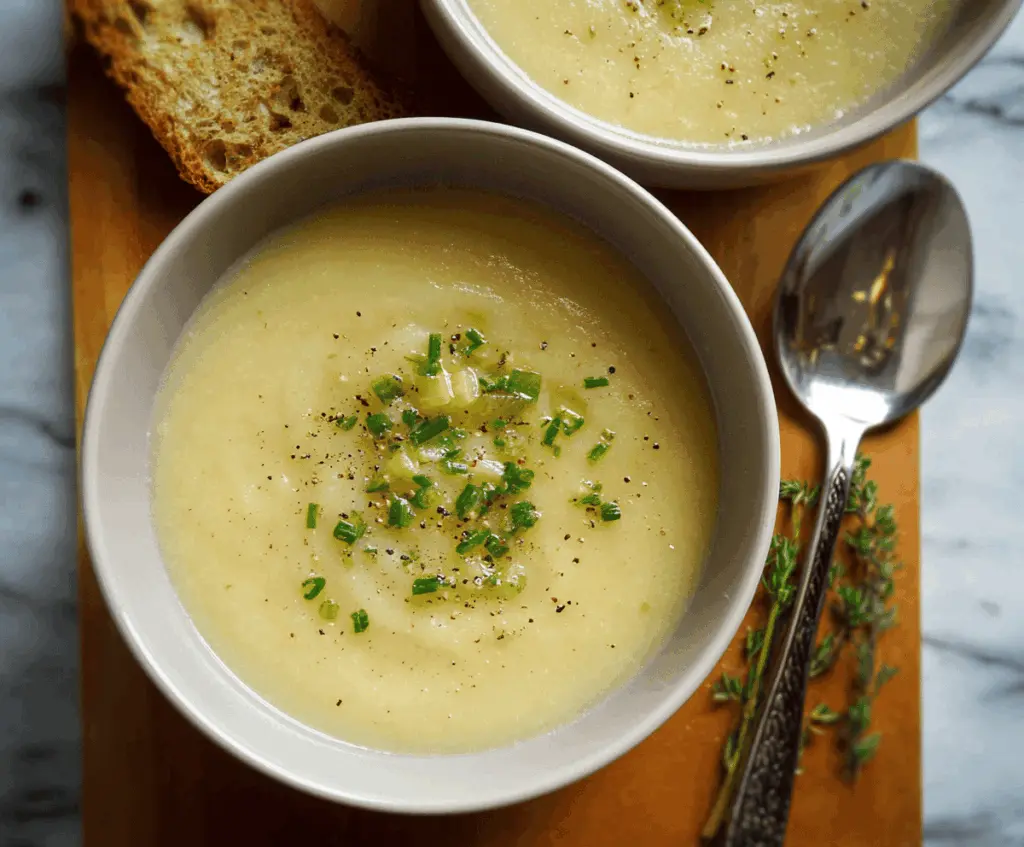 Creamy potato leek soup served in a bowl garnished with fresh herbs, perfect for a warm, comforting meal.