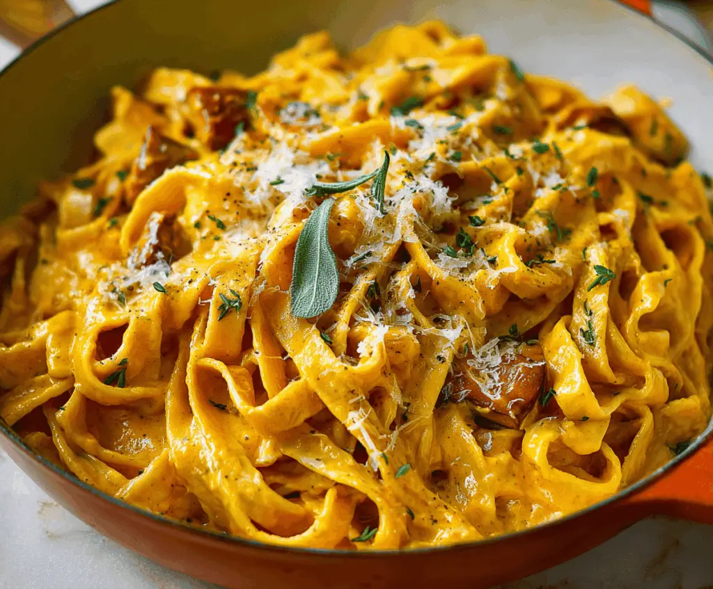 Creamy pumpkin Alfredo pasta topped with fresh herbs and grated cheese, served in a white bowl on a rustic wooden table.