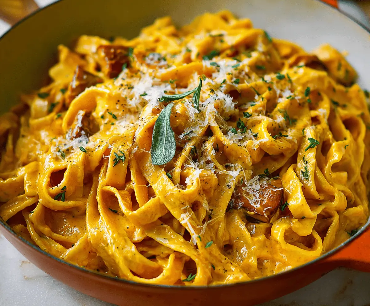 Creamy pumpkin Alfredo pasta topped with fresh herbs and grated cheese, served in a white bowl on a rustic wooden table.