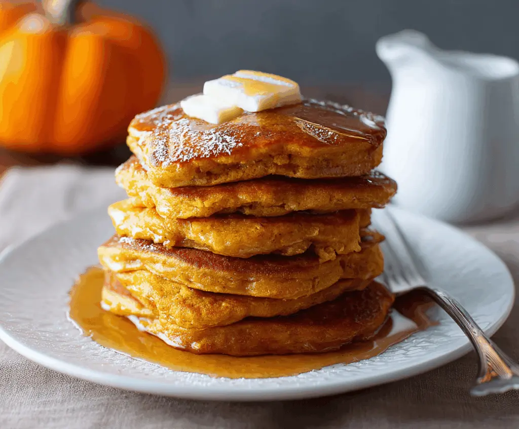 Delicious pumpkin apple pancakes topped with syrup and fresh fruit, perfect for a cozy breakfast in fall