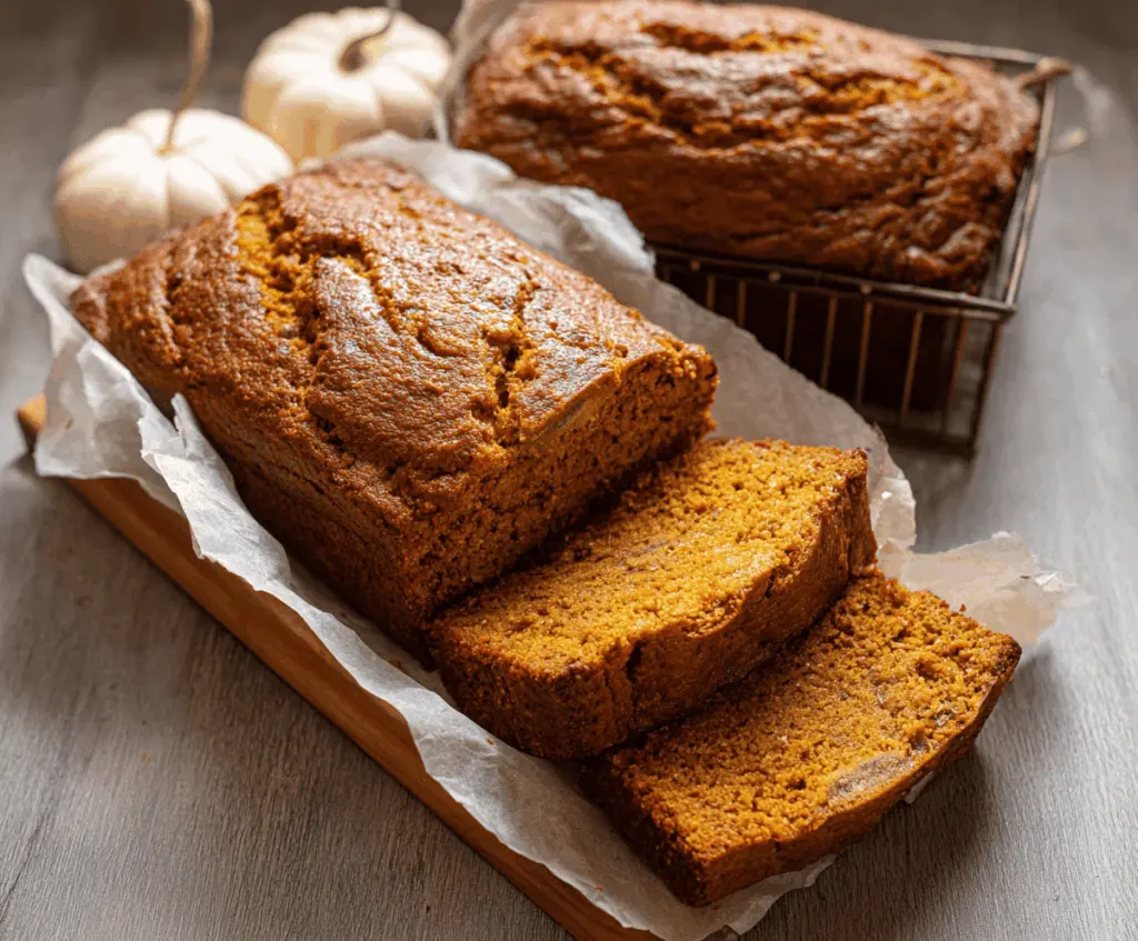 Delicious homemade pumpkin banana bread topped with walnuts on a rustic wooden cutting board, perfect for fall baking.
