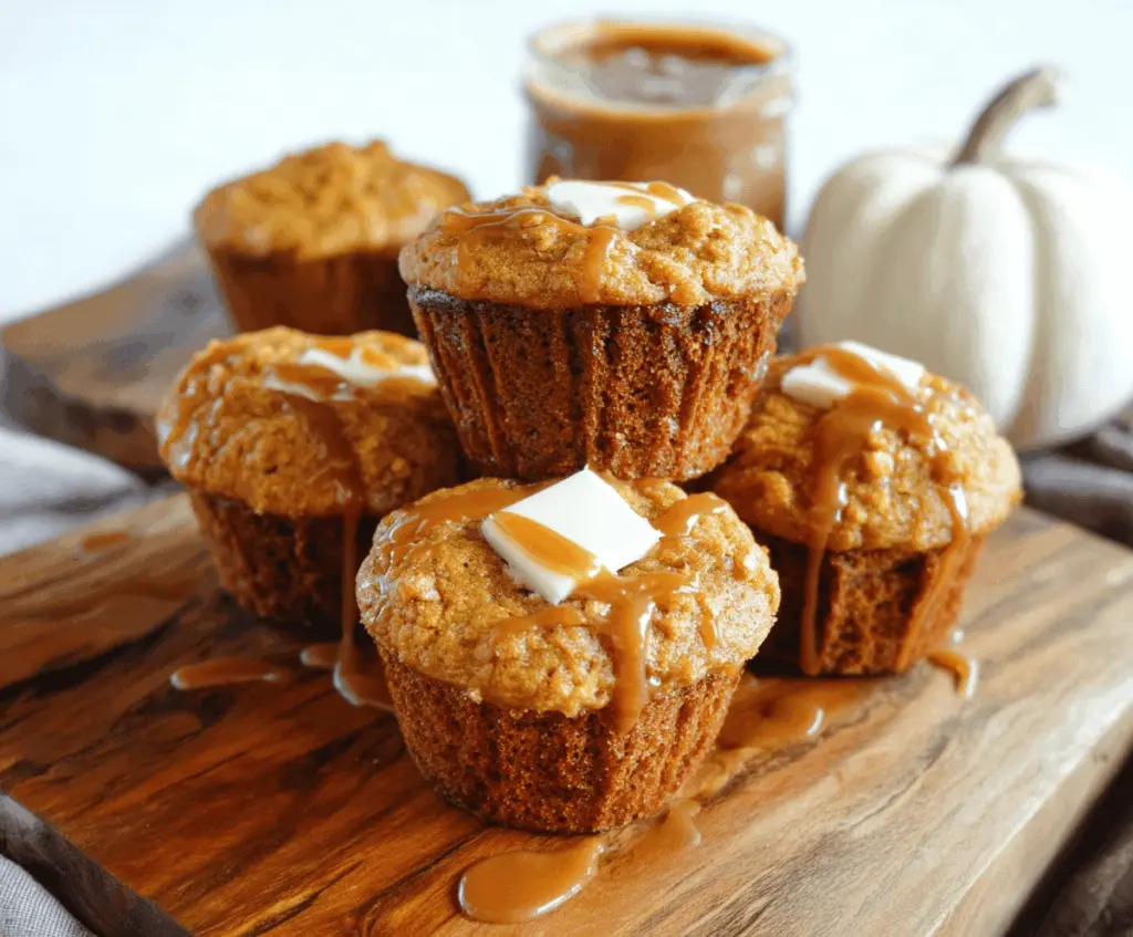 Freshly baked Pumpkin Caramel Muffins with a caramel drizzle and pumpkin spice topping on a rustic plate