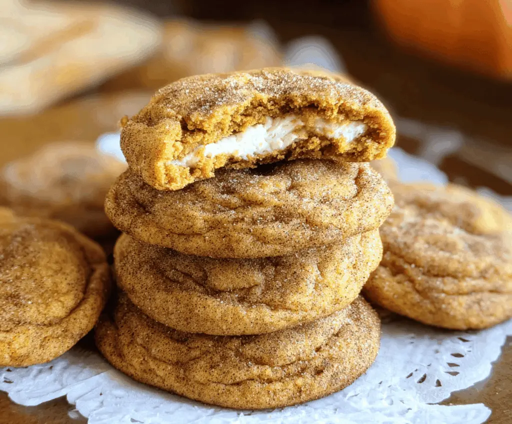 Delicious pumpkin cheesecake snickerdoodle cookies with cinnamon sugar coating and creamy pumpkin filling on a baking sheet