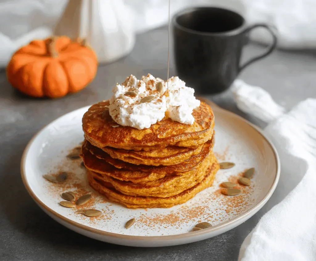 Delicious homemade pumpkin cottage cheese pancakes topped with fresh cinnamon and maple syrup on a rustic plate