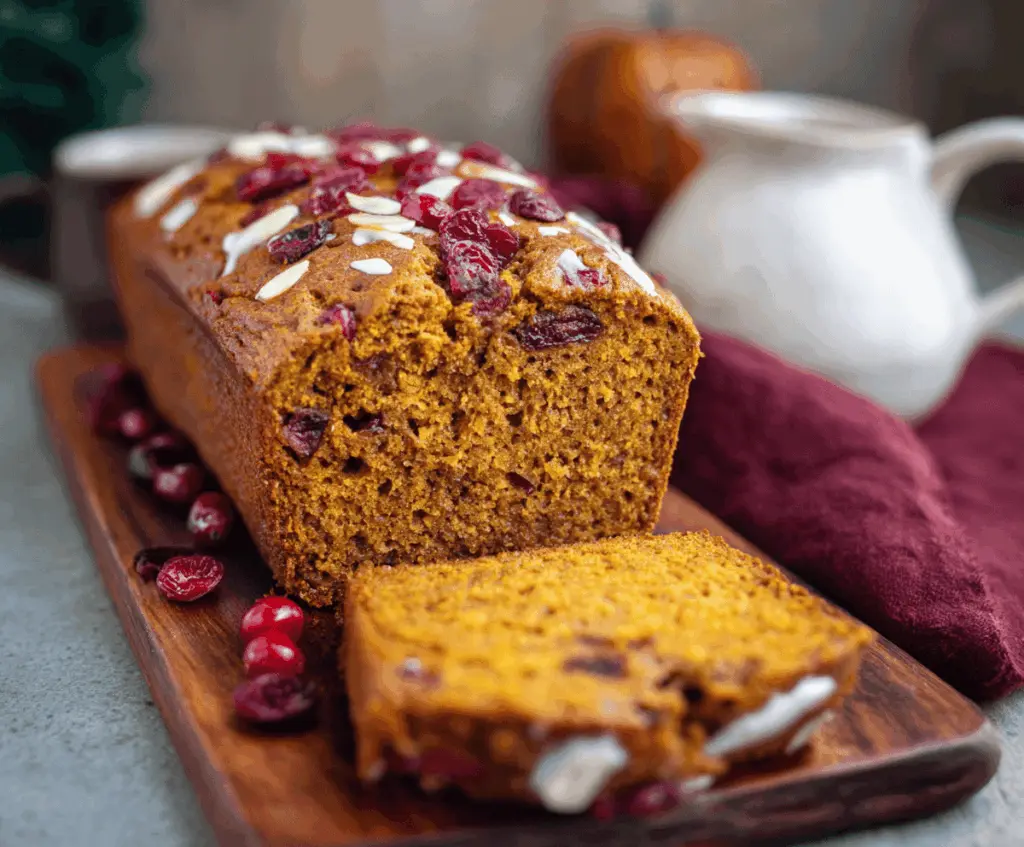 Delicious homemade Pumpkin Cranberry Bread loaf with a golden crust, studded with fresh cranberries and topped with a sprinkle of powdered sugar, perfect for fall baking.