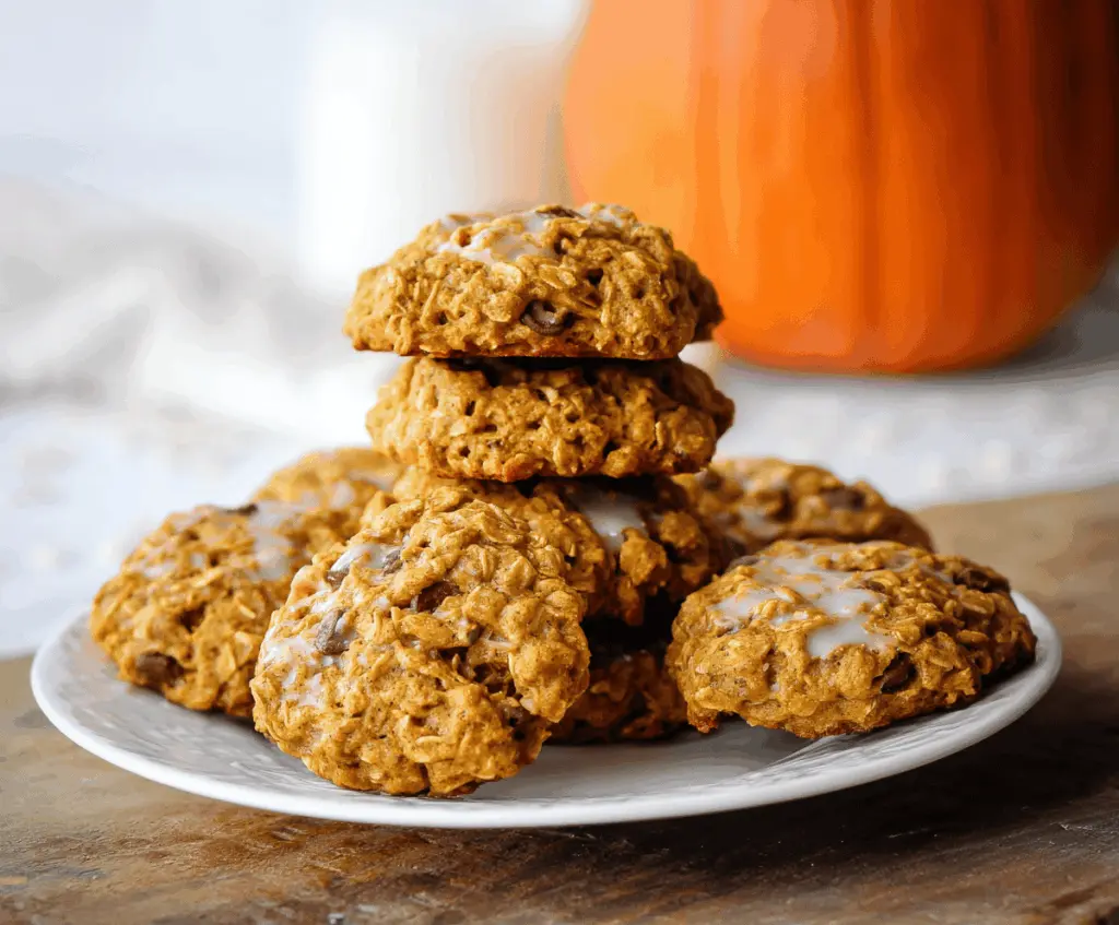 Delicious homemade pumpkin oatmeal cookies with cinnamon and raisins on a rustic plate, perfect for fall treats.