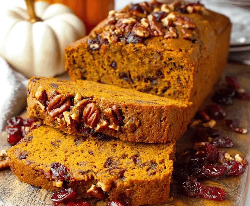 Slice of homemade Pumpkin Pecan Cranberry Bread topped with pecans and fresh cranberries on a rustic wooden table, perfect for fall baking.