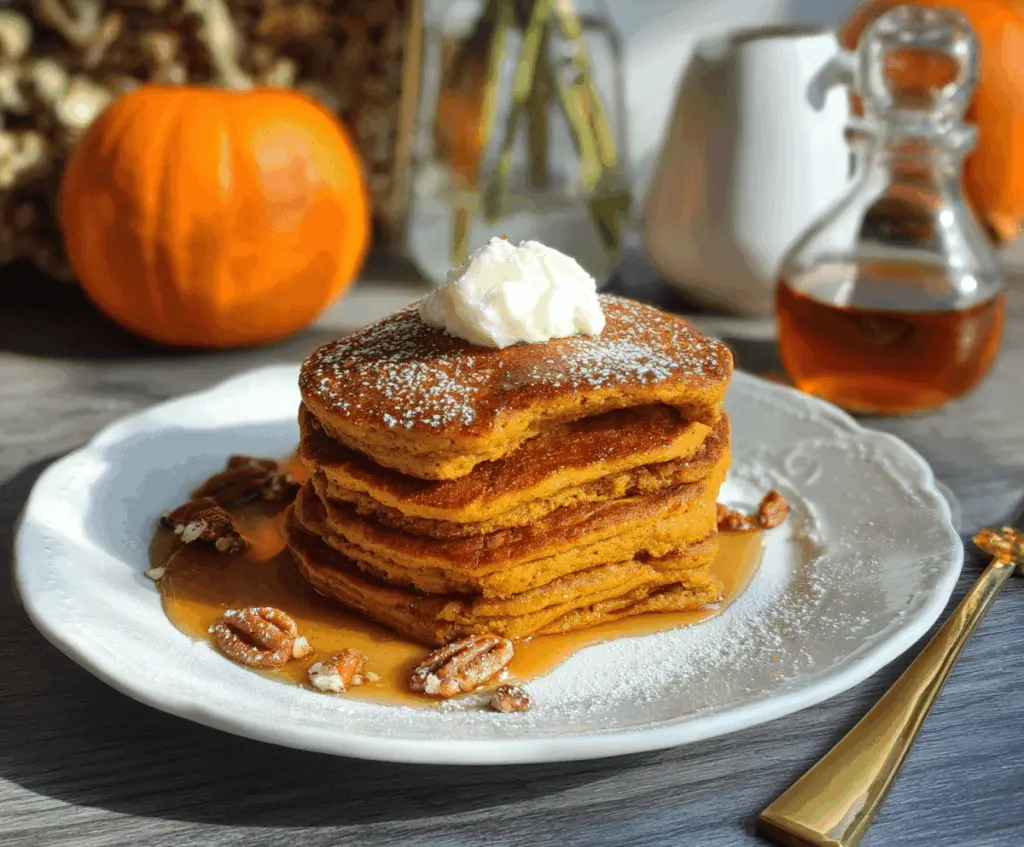 Fluffy pumpkin pie spice pancakes topped with whipped cream and cinnamon, served on a plate for a delicious fall breakfast