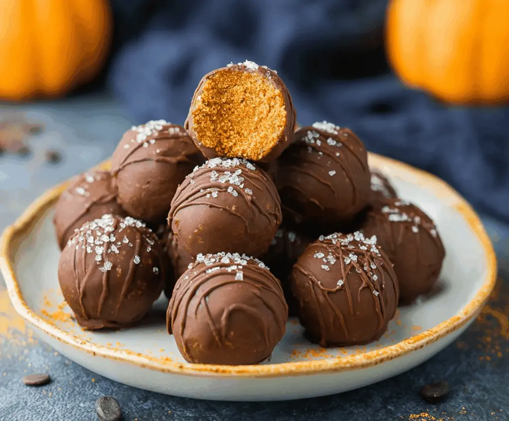 Creamy homemade pumpkin protein truffles with a rich chocolate coating, perfect for a healthy snack or dessert