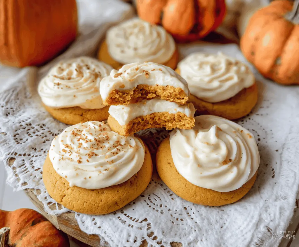 Delicious homemade Pumpkin Sugar Cream Cheese Cookies topped with a sprinkle of cinnamon on a rustic wooden table