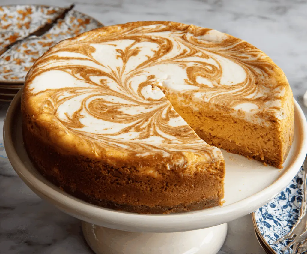 Creamy pumpkin swirl cheesecake topped with whipped cream and a cinnamon spice garnish, perfect for fall desserts.