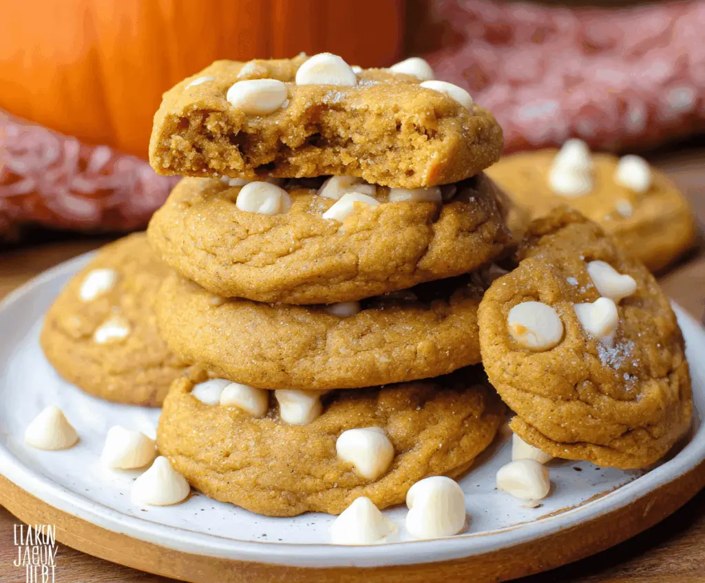 Delicious pumpkin white chocolate chip cookies with golden edges and soft centers, perfect for fall baking