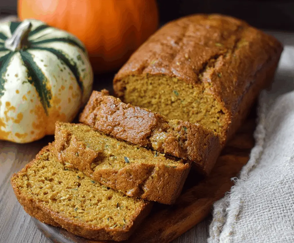 Delicious homemade pumpkin zucchini bread sliced and ready to enjoy, featuring moist texture and seasonal flavors