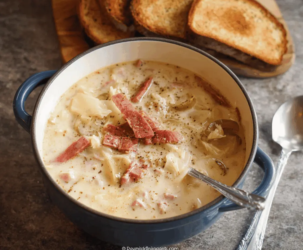 Creamy Reuben Soup topped with melted Swiss cheese, sauerkraut, and sliced corned beef in a rustic bowl, perfect for a hearty meal.