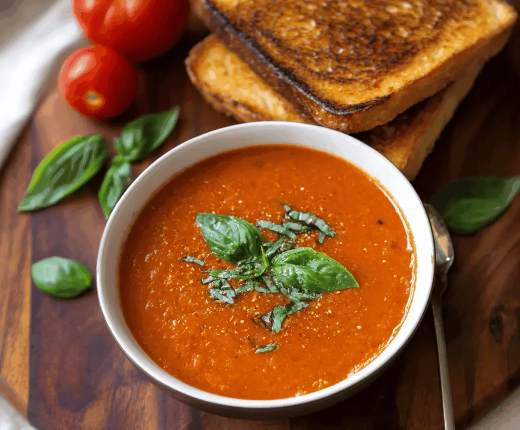 Creamy roasted tomato basil soup in a bowl garnished with fresh basil leaves and a drizzle of olive oil, served with crusty bread on a rustic wooden table.