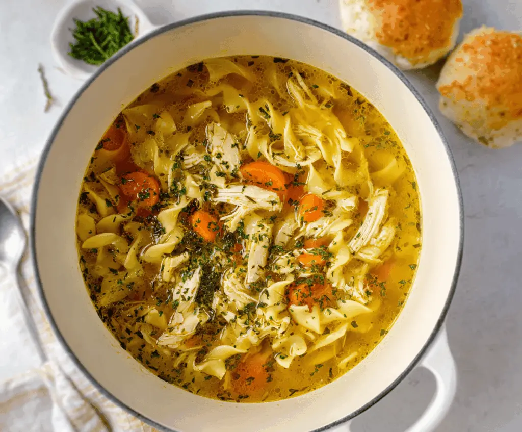 Creamy rotisserie chicken noodle soup with tender chicken, vegetables, and hearty noodles in a warm bowl