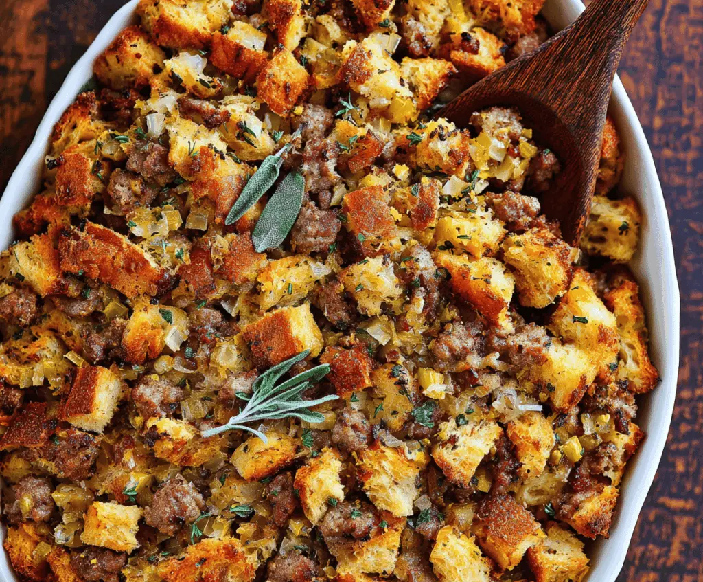 Delicious sausage, apple, and sage stuffing served in a baking dish for a flavorful holiday side dish