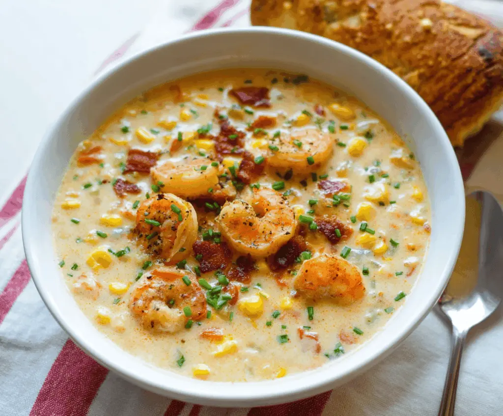 Creamy shrimp and corn chowder garnished with fresh herbs in a bowl, served with crusty bread on a rustic table.
