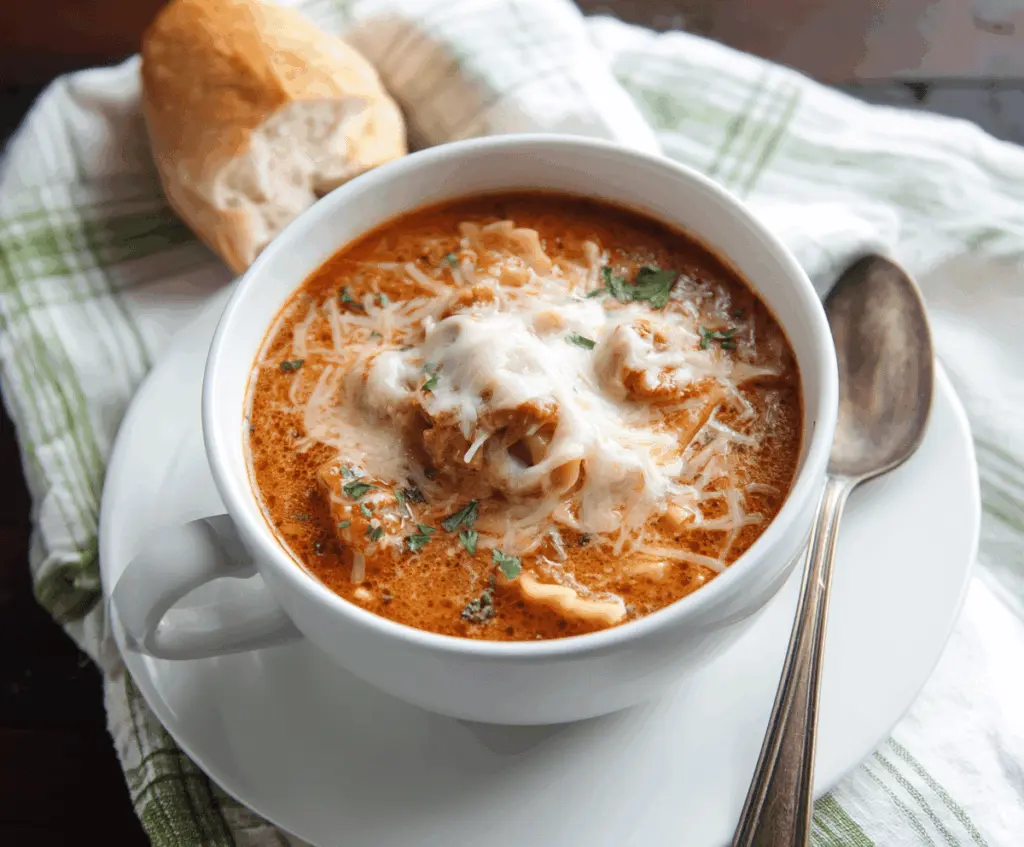 Creamy Slow Cooker Lasagna Soup in a bowl with melted cheese, fresh basil, and bubbling broth, ready to serve