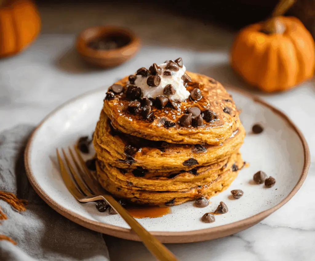 Fluffy spiced pumpkin chocolate chip pancakes topped with whipped cream and a drizzle of maple syrup, perfect for a cozy breakfast
