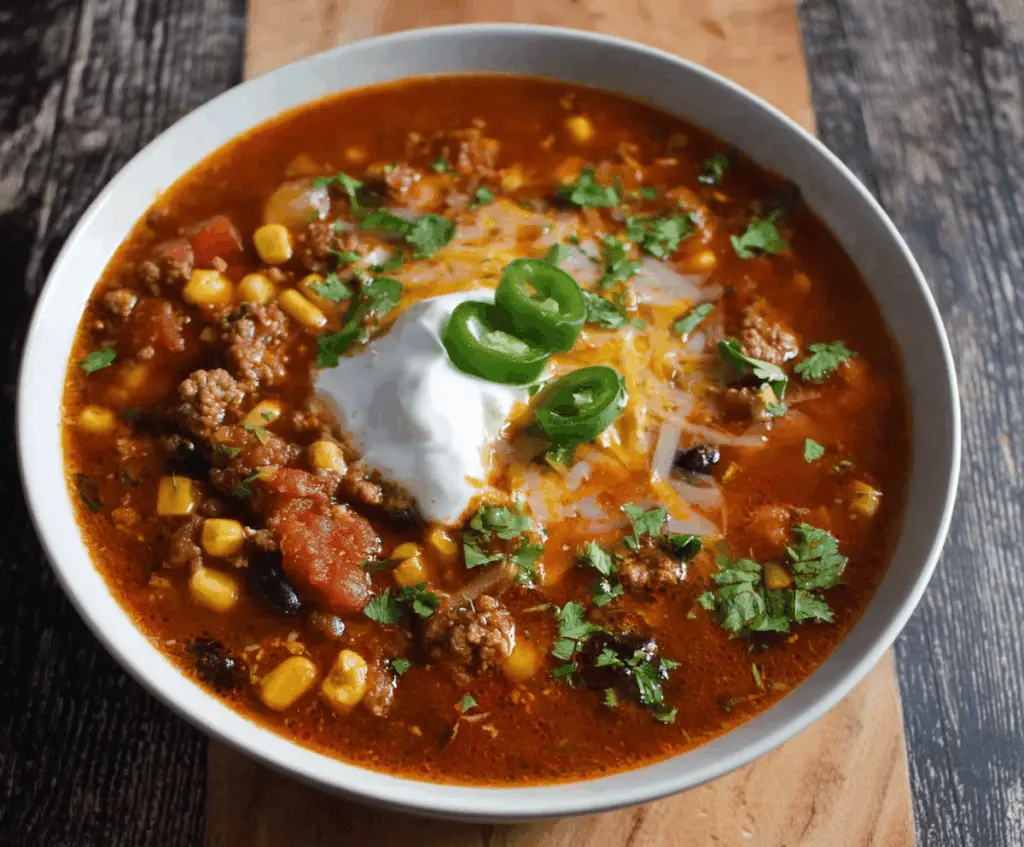 A bowl of spicy taco soup garnished with shredded cheese, fresh cilantro, and sliced jalapeños, served with tortilla chips on the side.