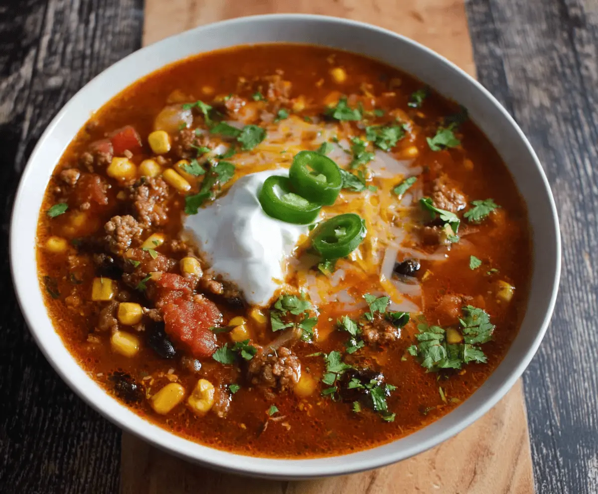 A bowl of spicy taco soup garnished with shredded cheese, fresh cilantro, and sliced jalapeños, served with tortilla chips on the side.