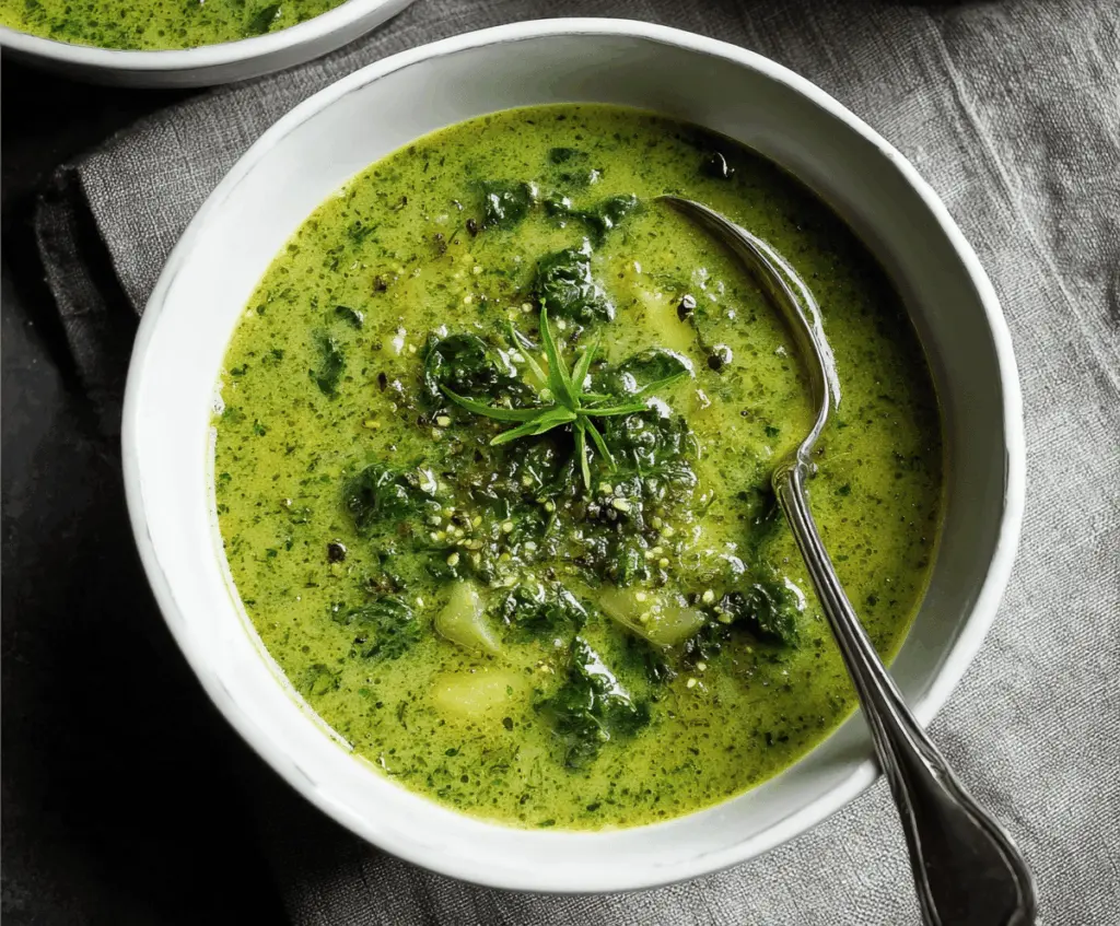 Creamy spinach and potato soup in a bowl, garnished with fresh herbs and served with bread, perfect for a cozy meal